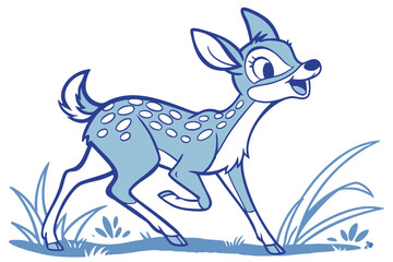 Cartoon Blue Deer with Spots Running on White Background and Grass
