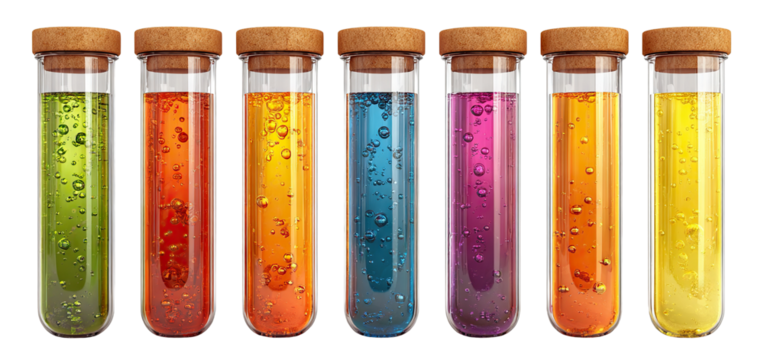 Set of laboratory test tubes with colorful liquids, isolated on transparent cutout background
