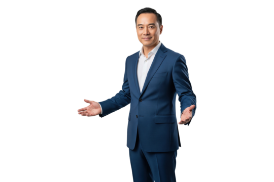 Friendly Asian businessman in a suit with a welcoming open arm gesture