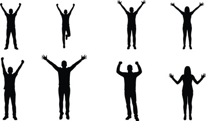 Celebration silhouette people, joyful victory pose, happy jumping figures, energetic crowd illustration, cad drawing flat vector illustration, festive emotion art