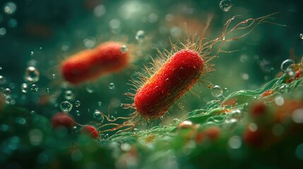 A highly detailed 3D microscopic render of microorganisms or bacteria. The image shows red and green cells with visible flagella or hairs, creating an intense and visually dramatic scientific illustra
