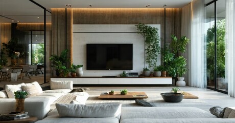 Modern living room features neutral tones, plants, large windows. Minimalist design creates calm, inviting space. Warm lighting enhances ambiance.