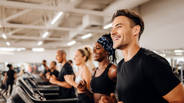 Happy people running on treadmills in modern gym. Diverse group exercising together in fitness center, smiling man in foreground. Active lifestyle, cardio workout and healthy sport training concept. - Powered by Adobe