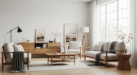 Serene Minimalist Living Room Interior with Warm Wooden Furniture