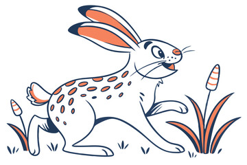 Cartoon Bunny with Orange Details Running Near Cattails on White Background