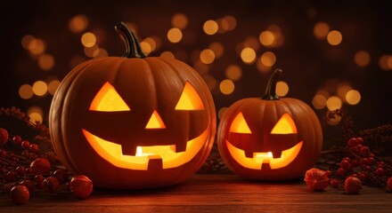 Fototapeta premium Two glowing carved Halloween pumpkins on a wooden surface with bokeh lights