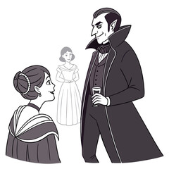 Man in tuxedo holding drink talks to woman at masquerade