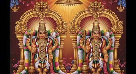 Fototapeta premium Colorful Traditional Hindu Deities Statues with Ornate Gold Decorations in Religious Setting
