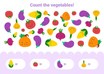 Kids counting mini game with cute vegetables. Kawaii food game for children.