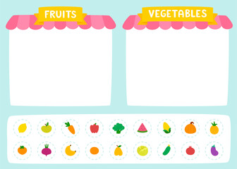 Market matching game for kids with fruits and vegetables. Cute cartoon mini game with food.