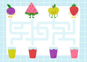 Cute maze for kids with fruits and berries. Cartoon labyrinth mini game with fruits.