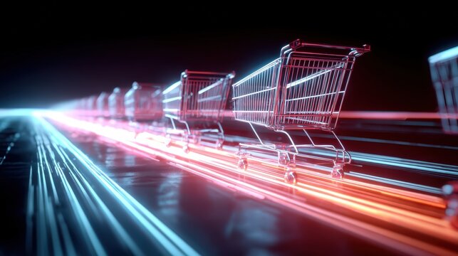 A 3D render of shopping carts racing down a digital highway made of light trails. Represents the speed of online sales. Cyberpunk, high energy. 