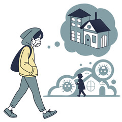 Person wearing mask walks past thought bubbles of houses and virus