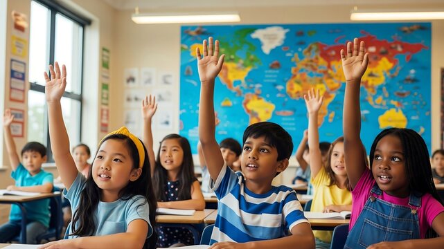Eager Learners Classroom: Diverse elementary school students, eyes bright with enthusiasm, raise their hands in a vibrant classroom with a large world map.