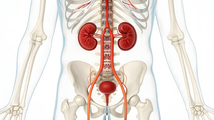 Obraz premium Full View 3D Anatomy Urinary System, Major Vessels, and Human Skeleton High-Resolution Medical Render of the Renal Tract and Torso Bone Structure