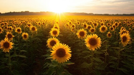 A field of sunflowers all facing a bright, setting sun. Unity, positivity, nature's beauty.