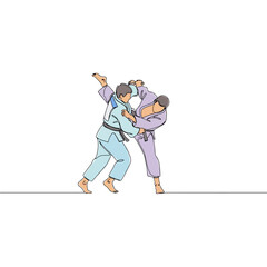 Two judo athletes in action during a competition, single line art
