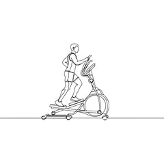 Man exercising on elliptical machine, line art on white background