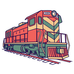 Red and green diesel train engine on tracks vector illustration © rabby