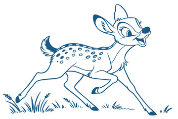 Cartoon Deer Fawn Running Joyfully Blue Outlines on White Background