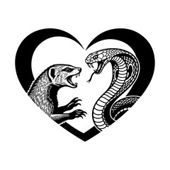 Badger and cobra facing off inside heart shape, black and white