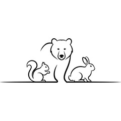 Line art of bear, squirrel, and rabbit on white background