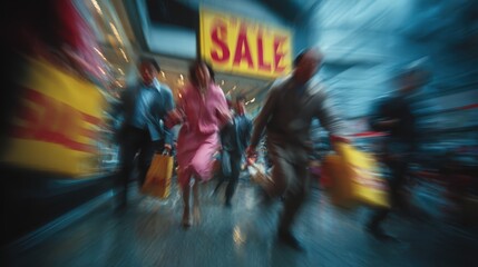A chaotic but joyful Black Friday retail store scene, shoppers rushing with bags, "SALE" signs visible, motion blur to convey energy and excitement, captured from a low angle for dramatic effect