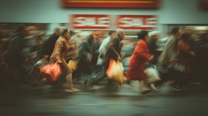 A chaotic but joyful Black Friday retail store scene, shoppers rushing with bags, "SALE" signs visible, motion blur to convey energy and excitement, captured from a low angle for dramatic effect