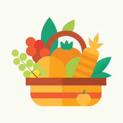 Vibrant flat design illustration of a colorful fruit basket overflowing with fresh produce and leaves