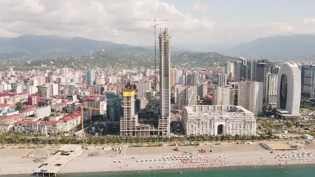 Batumi, Georgia - 19th august, 2025: Aerial view Batumi highrise skyline beachfront landmarks, new real estate property buildings hotels.Popular summer travel destination Adjara region.Black sea coast