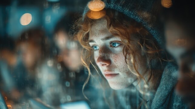 A diverse group of students collaborating in a futuristic library, using transparent tablets and augmented reality interfaces, concept of modern education, e-learning, and knowledge sharing