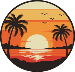 Retro Trendy Sunset Circle with Palm Tree Silhouettes