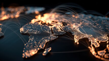 Abstract visualization of a secure global network, with glowing data packets flowing between continents on a dark world map. Cybersecurity, global communication