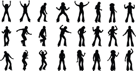 Dance silhouette collection, energetic movement poses, freestyle dancer icons, party vibe illustration, cad drawing flat vector illustration
