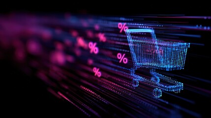 Abstract visualization of data streams and percentage signs flowing into a digital shopping cart. Technology, big data, online retail concept. Dark blue and purple neon
