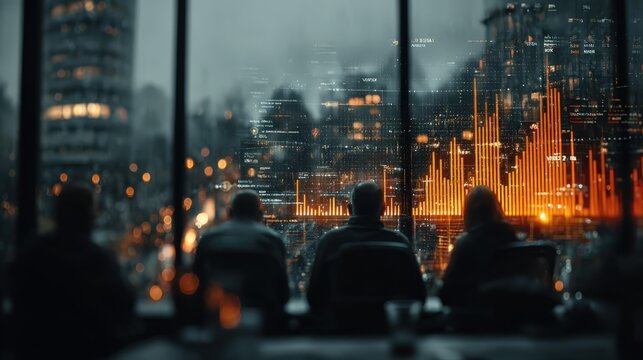 A diverse team of business professionals in a sleek, modern office with large windows showing a late autumn city view - Powered by Adobe