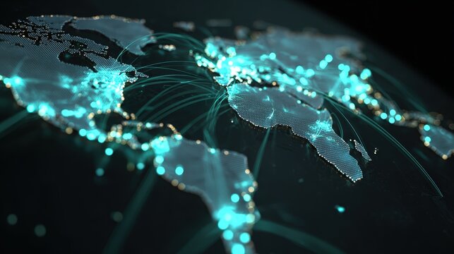 Abstract visualization of a secure global network, with glowing data packets flowing between continents on a dark world map. Cybersecurity, global communication