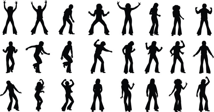 Dance silhouette collection, energetic movement poses, freestyle dancer icons, party vibe illustration, cad drawing flat vector illustration