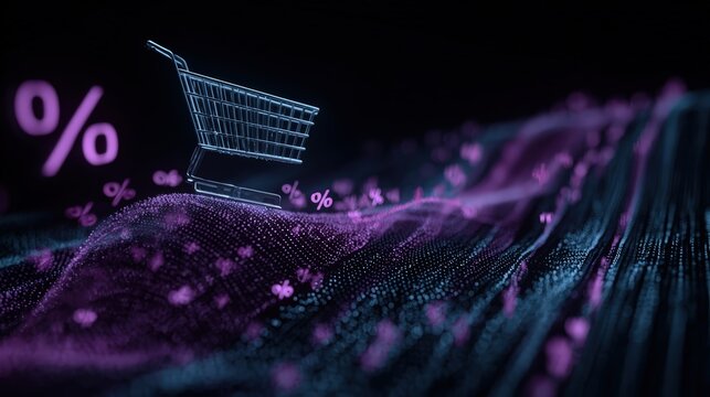 Abstract visualization of data streams and percentage signs flowing into a digital shopping cart. Technology, big data, online retail concept. Dark blue and purple neon