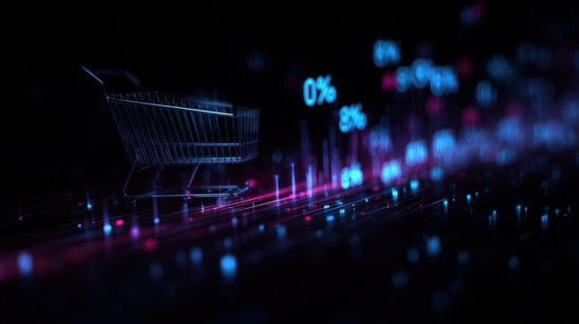Abstract visualization of data streams and percentage signs flowing into a digital shopping cart. Technology, big data, online retail concept. Dark blue and purple neon