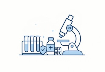 Medical Laboratory Research and Safety Illustration with Microscope, Test Tubes, and Medicine