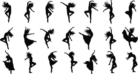 Collection of female dancer silhouettes in dynamic poses, modern dance art illustration, elegant movement, performance creativity, graceful choreography, isolated black artistic figures