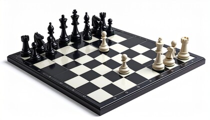 A realistic chessboard with polished black and white squares, complete set of detailed chess pieces arranged for play isolated on white background
