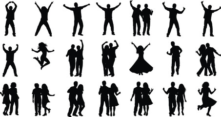 Dancing silhouette people, joyful poses, celebration movement, expressive body language, cad drawing flat vector illustration, festive energy, human interaction, motion art