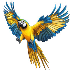 Fototapeta premium A blue and gold macaw takes flight, its wings spread wide against an isolated on transparent background, showcasing its vibrant colors and graceful movement