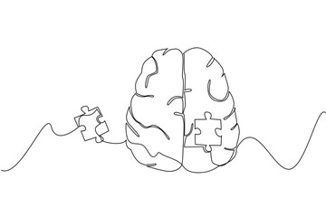 Single one line drawing top view, brain has puzzle pieces in middle that are loose outside brain. Structures in brain that change. World Schizophrenia Day. Continuous line design graphic illustration