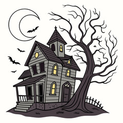 Spooky haunted house with bats and crescent moon halloween 1