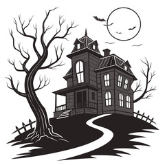 Spooky haunted house with bare trees and bats under a full moon