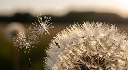 Delicate dandelion seed head in golden sunlight, capturing ephemeral beauty of nature's artistry against a soft