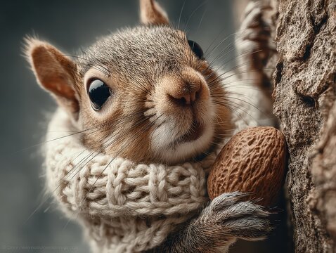 A whimsical and humorous photograph of a determined squirrel wearing a tiny, hand-knitted scarf, struggling to carry an oversized acorn up the trunk of an oak tree, cute and funny wildlife moment
